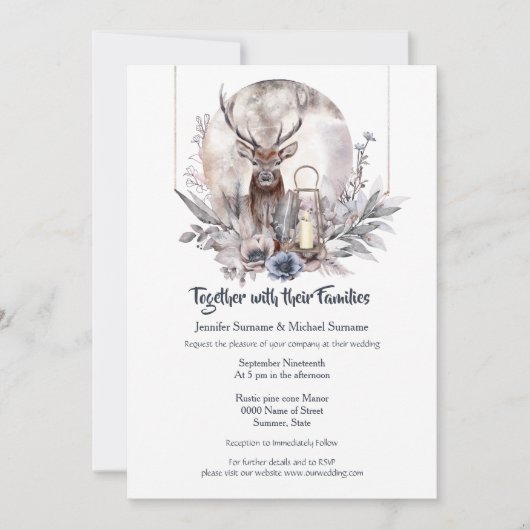 Dusky bleu rose forêt cerf nuit lune invitation (Devant)