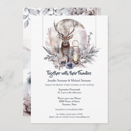 Dusky bleu rose forêt cerf nuit lune invitation (Devant / Derrière)