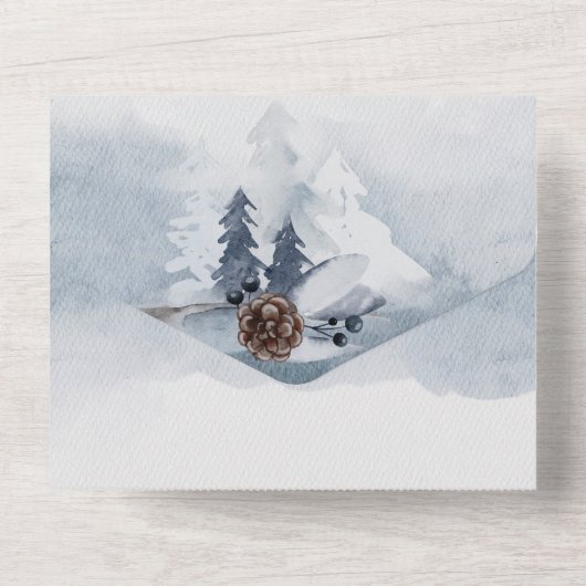 Dusky Blue-bos met kerstbruiloft All In One Uitnodiging (Achterkant)