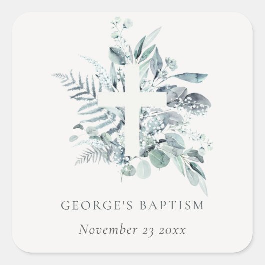 Dusky Blue Eucalyptus Fern Foliage Cross-Baptisme Vierkante Sticker (Voorkant)