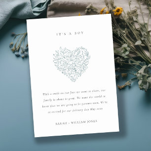 Dusky Blue Floral Heart Baby Faire-part