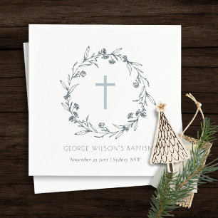 Dusky Blue Floral Laurel Wreater Monogram Baptisme Servet