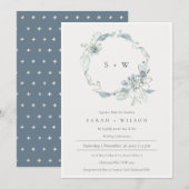 Dusky Blue Floral Wreath Monogram Wedding Invite Bedankkaart (Voorkant / Achterkant)