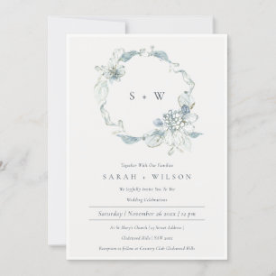 Dusky Blue Floral Wreath Monogram Wedding Invite Bedankkaart