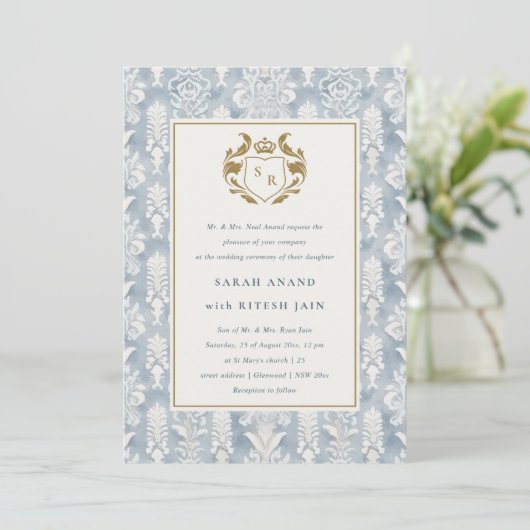  Dusky Blue Gold Damask Waterverf Bruiloft Kaart (Staand voorkant)