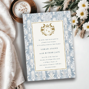  Dusky Blue Gold Damask Waterverf Bruiloft Kaart