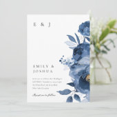 Dusky Blue Gold Floral bruiloft uitnodiging (Staand voorkant)