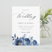 Dusky Blue Gold Floral bruiloft uitnodiging (Staand voorkant)