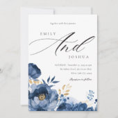 Dusky Blue Gold Floral bruiloft uitnodiging (Voorkant)