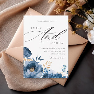 Dusky Blue Gold Floral Faire-part de mariage