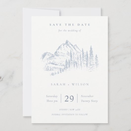 Dusky Blue Grey Kraft Rustic Pine Mountain Sketch Save The Date (Voorkant)