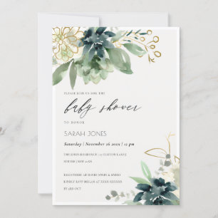 Dusky Blue Succulent Foliage Baby shower Invite Bedankkaart