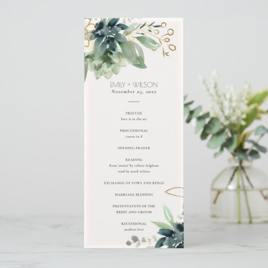Dusky Blue Succulent Mariage Ceremony Programme (Debout devant)