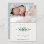 Dusky Blue Succulent Photo Faire-part de naissance (Devant / Derrière)