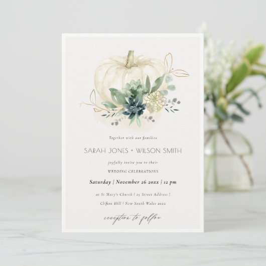 Dusky Blue Succulent Pumpkin Weddenschap Invite Bedankkaart (Staand voorkant)