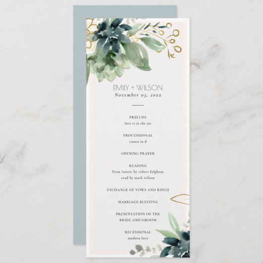 Dusky Blue Succulent Wedding Ceremony Program Menu (Voorkant / Achterkant)