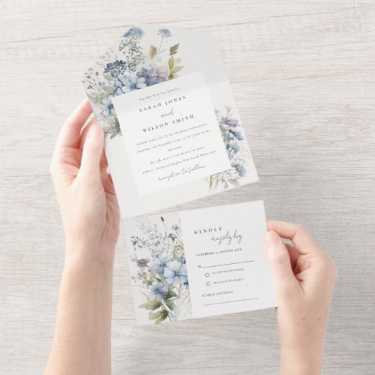 Dusky Blue Waterverf Cottage Floral Wedding All In One Uitnodiging (Afscheurbaar)