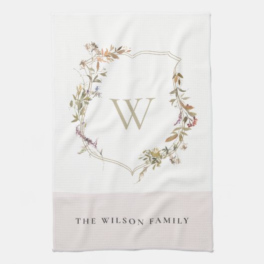 Dusky Blush Pink Wildflower Crest Monogram Theedoek (Verticaal)