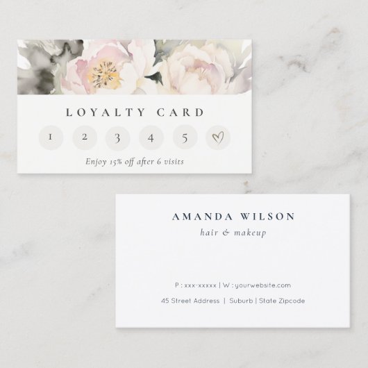 Dusky Blush Pioen Bloemen Bunch 6 Punch Loyaliteit Visitekaartje (Voorkant / Achterkant)