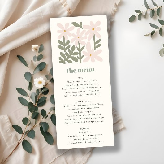 Dusky Blush Retro Minimal Floral Wedding Menu Kaar Kaart