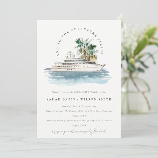 Dusky Cruise Palm Seascape Rehearsal Dinner Kaart (Staand voorkant)