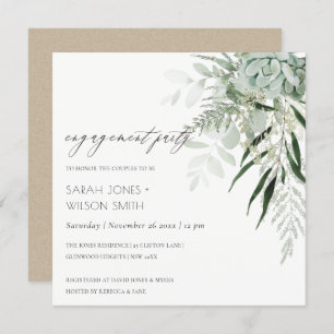 Dusky Green Leafy Fern Succulent Verloving Invite Bedankkaart