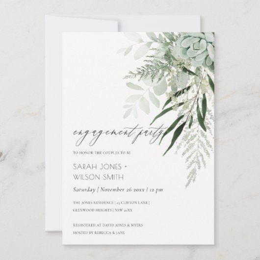 Dusky Green Leafy Fern Succulent Verloving Invite Bedankkaart (Voorkant)