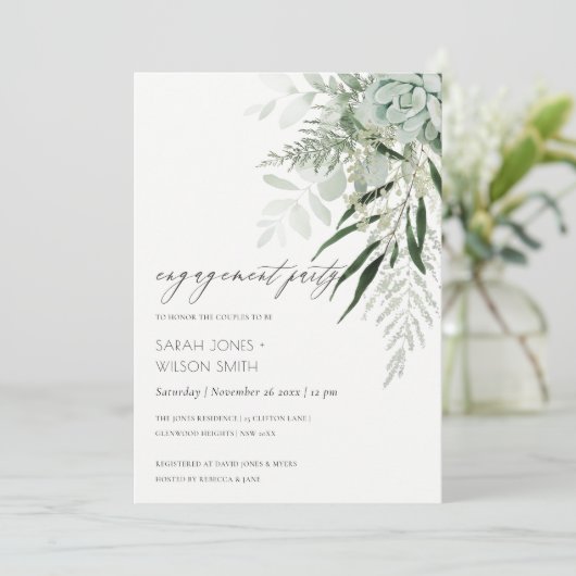 Dusky Green Leafy Fern Succulent Verloving Invite Bedankkaart (Staand voorkant)