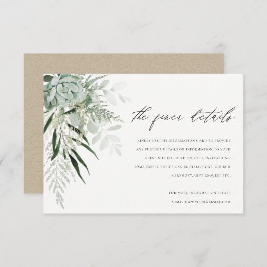 Dusky Green Leafy Fern Succulent Wedding Details Informatiekaartje (Voorkant / Achterkant)