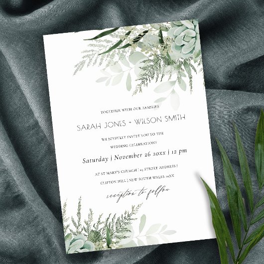 Dusky Green Leafy Fern Succulent Wedding Invite Bedankkaart