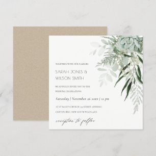 Dusky Green Leafy Fern Succulent Wedding Invite Bedankkaart