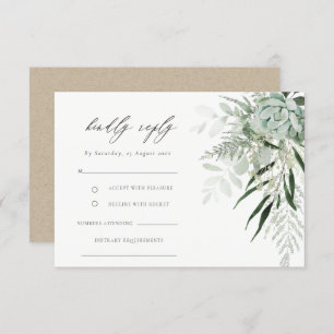 Dusky Green Leafy Fern Succulent Wedding RSVP Diet Informatiekaartje