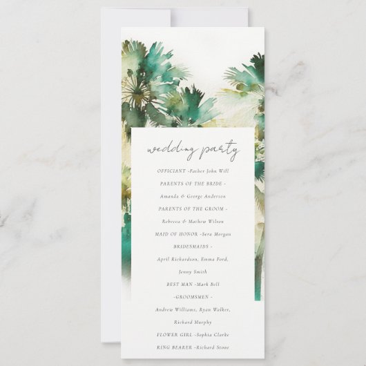 Dusky Green Tropical Palm Tree Wedding Programme Kaart (Achterkant)