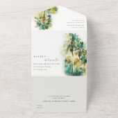 Dusky Green Tropical Waterverf Palm Trees Wedding All In One Uitnodiging (Buitenkant)
