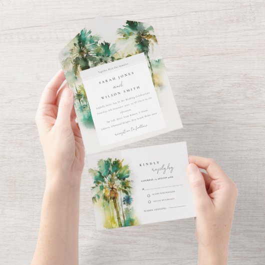 Dusky Green Tropical Waterverf Palm Trees Wedding All In One Uitnodiging (Afscheurbaar)
