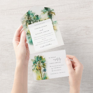 Dusky Green Tropical Waterverf Palm Trees Wedding All In One Uitnodiging