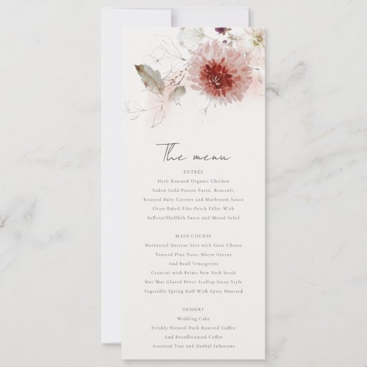 Dusky Herfst Marsala Blush Bloemen Bruiloft Menu K Kaart (Voorkant)