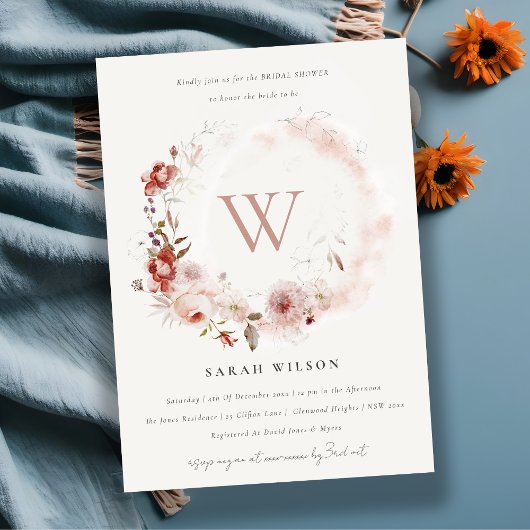Dusky Herfst Marsala Floral Monogram Vrijgezellenf Kaart
