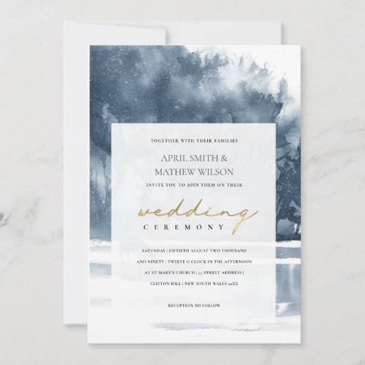 DUSKY INK BLUE FOREST LAKE PINE WEDDING INVITE BEDANKKAART (Voorkant)