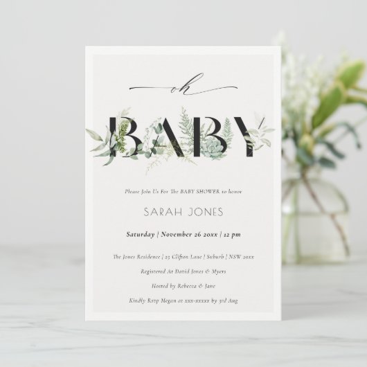 Dusky Leafy Fern Succulent Oh Baby shower Invite Bedankkaart (Staand voorkant)