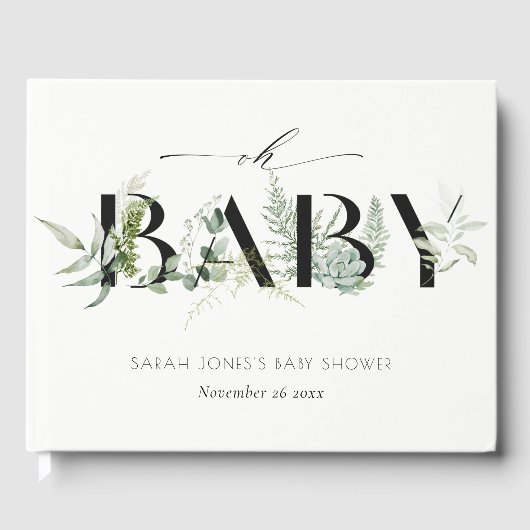 Dusky Leafy Fern Succulent Oh Script Baby shower Gastenboek (Voorkant)