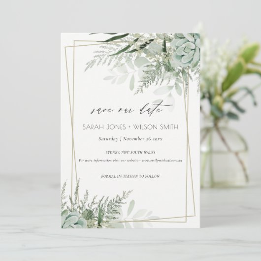 Dusky Leafy Fern Succulent Save the Date Kaart (Staand voorkant)