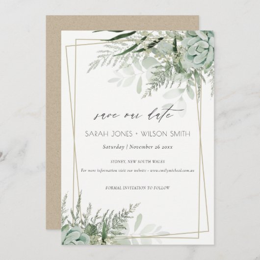 Dusky Leafy Fern Succulent Save the Date Kaart (Voorkant / Achterkant)