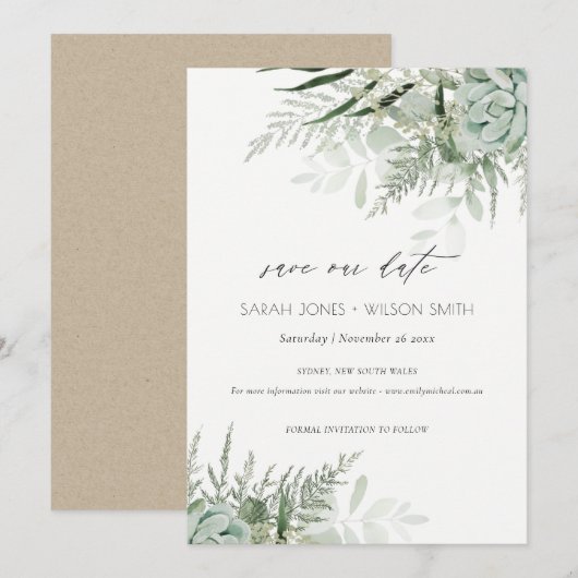 Dusky Leafy Fern Succulent Save the Date Kaart (Voorkant / Achterkant)