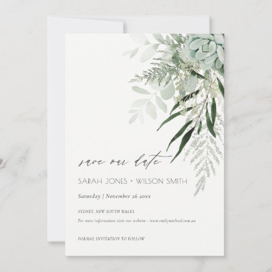 Dusky Leafy Fern Succulent Save the Date Kaart (Voorkant)