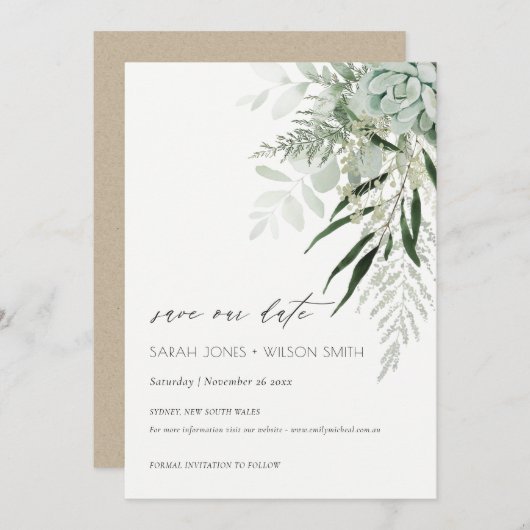 Dusky Leafy Fern Succulent Save the Date Kaart (Voorkant / Achterkant)