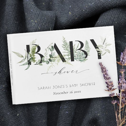 Dusky Leafy Fern Succulent Script Baby shower Gastenboek