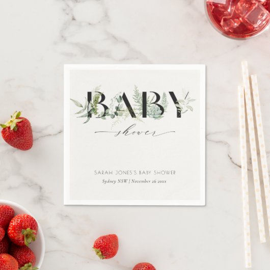 Dusky Leafy Fern Succulent Script Baby shower Servet (Insitu)