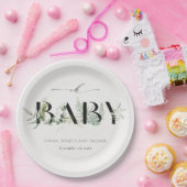 Dusky Leafy Fern Succulent Script Oh Baby shower Papieren Bordje (Feest)