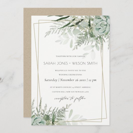 Dusky Leafy Fern Succulent Wedding Lijst Invite Bedankkaart (Voorkant / Achterkant)